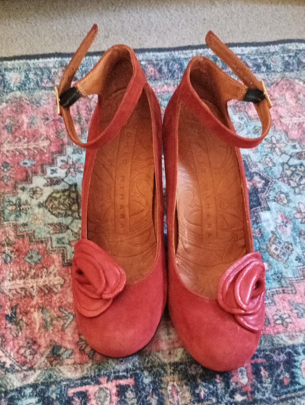 Chie Mihara Rose Suede Ankle-Strap Heels W/ Rosette Detail -Dusty Rose Size 37/7